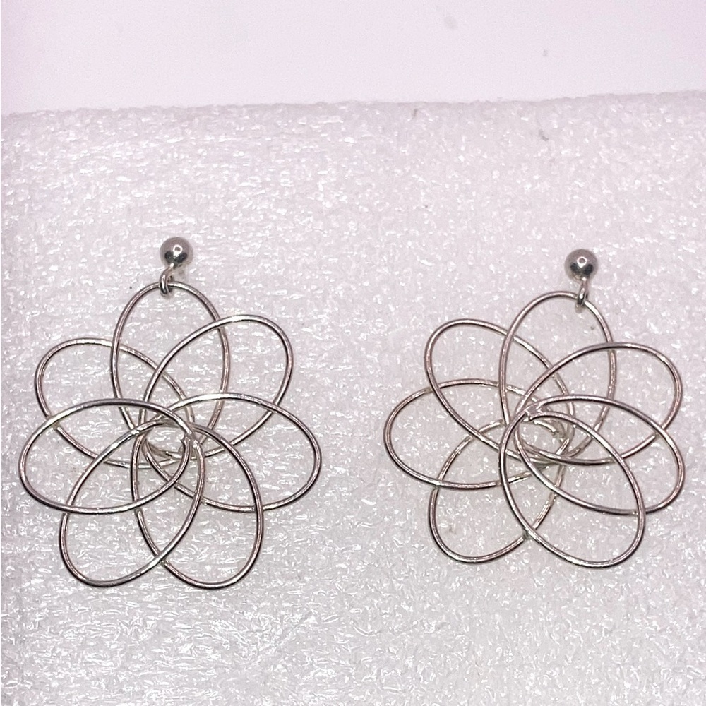Sterling Silver Atomic / Floral Wire Design Stud Dangle Earrings 1.5”